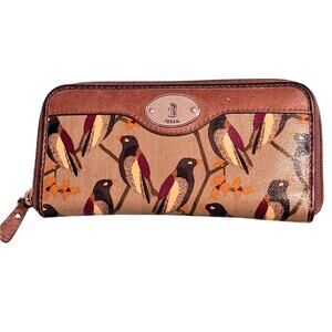 Fossil bird print brown leather trim large zip wallet vintage